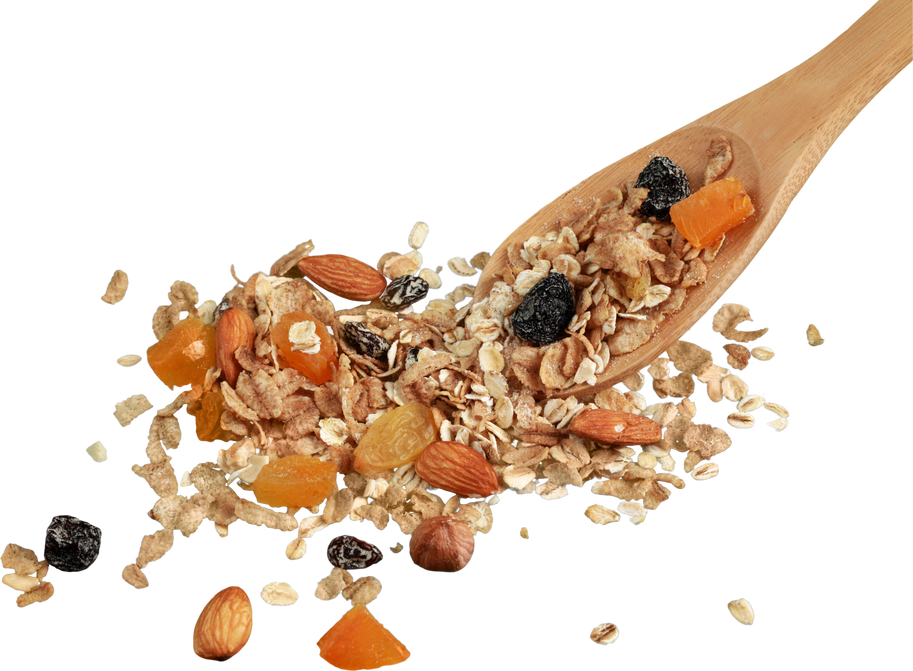 Granola, Dried Fruit and Nuts Coming off a Wooden Spoon